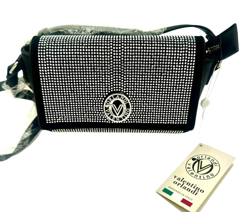 NWT Valentino Orlandi V-9009 Black Silver Rhinestone Crossbody Bag